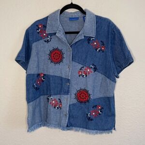 Womens Large Boho Patchwork Denim Embellished Top Country Cottage Indie 90s